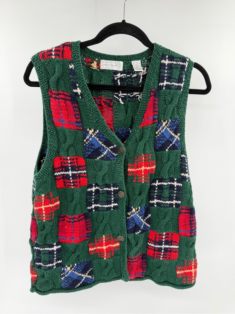 Lord & Taylor Green Cable-Knit Plaid Patchwork Sweater Vest Grandma Core Ramie M